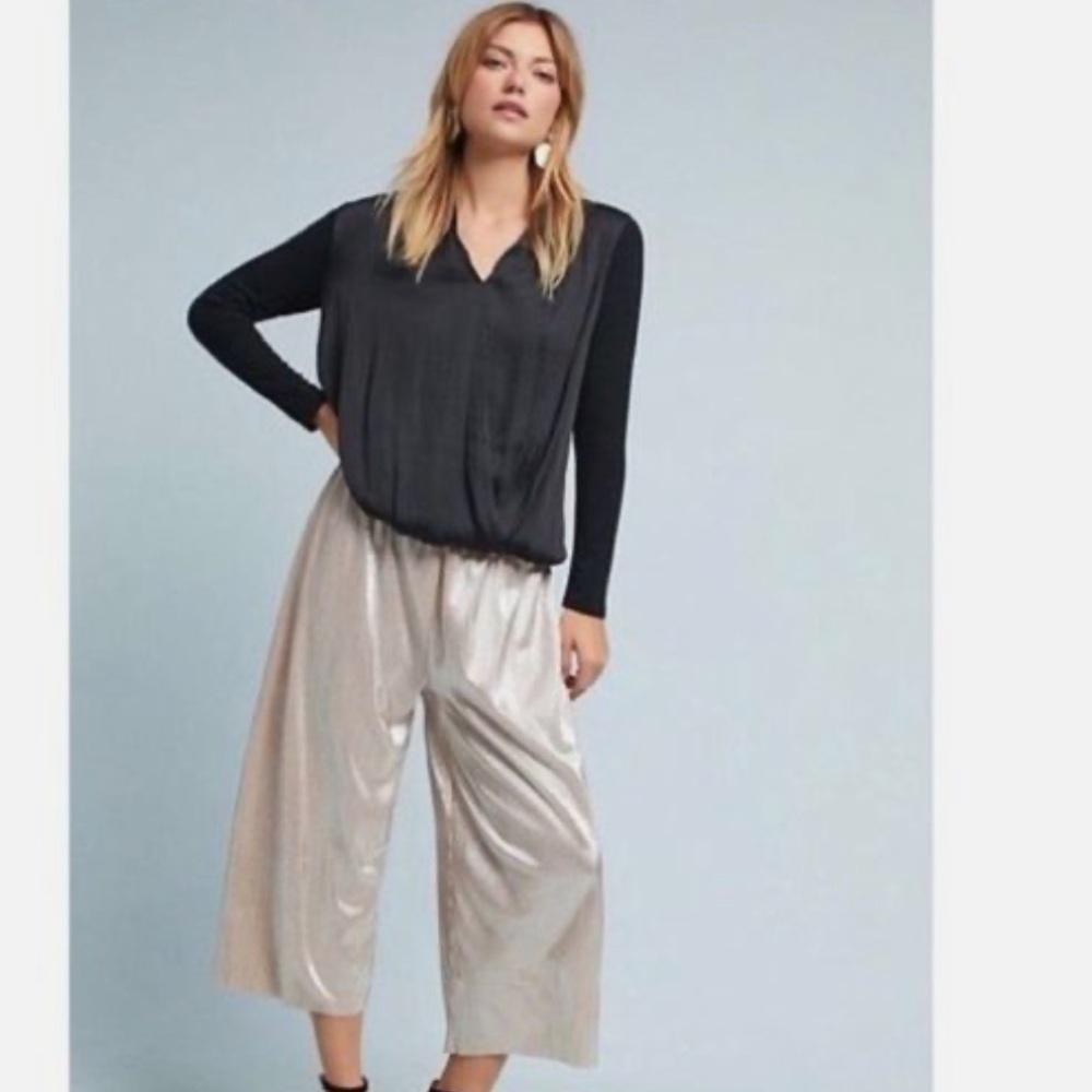 Dolan Anthropologie Black Saros Surplice Top Blouse. Satin Knit Contrast. Size M
